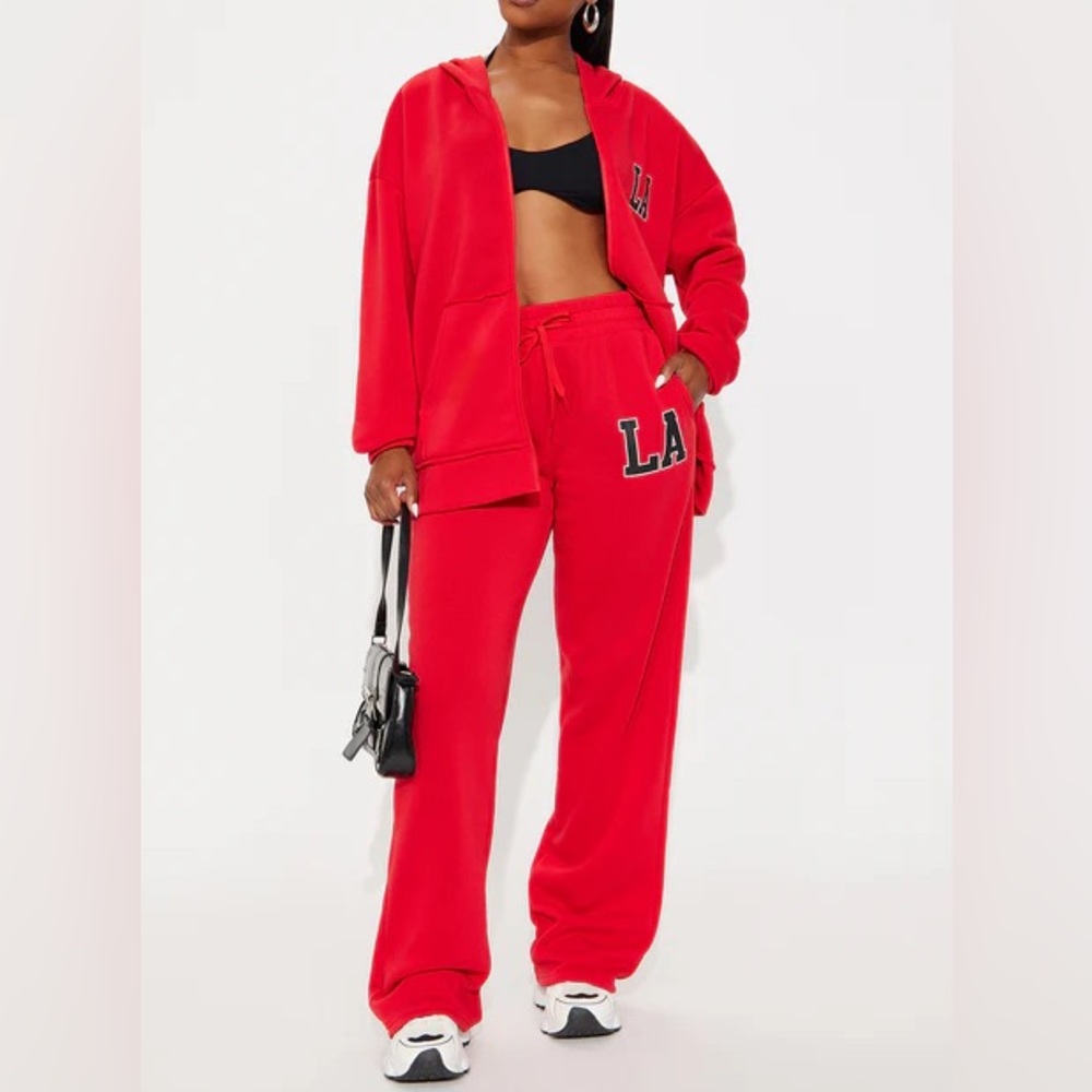 Fashion Nova Red LA Track Set LA Oversized Fleece Pant Set medium